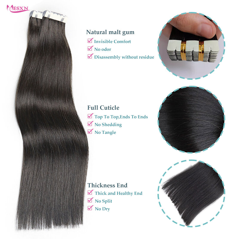 MESXN-Mini fita em extensões de cabelo, 100% cabelo humano, cabelo natural real, trama, macio invisível, preto, marrom, loiro 613