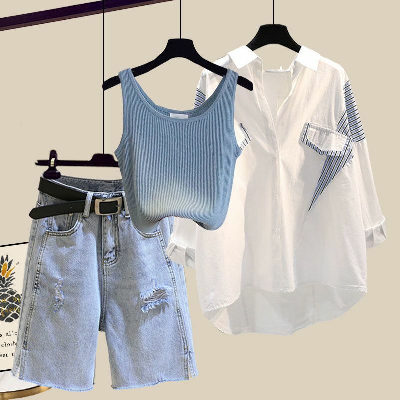 Summer Set Women's 2024 New Korean Edition Western Style Shirt Slim and Versatile Denim Shorts Three Piece Set