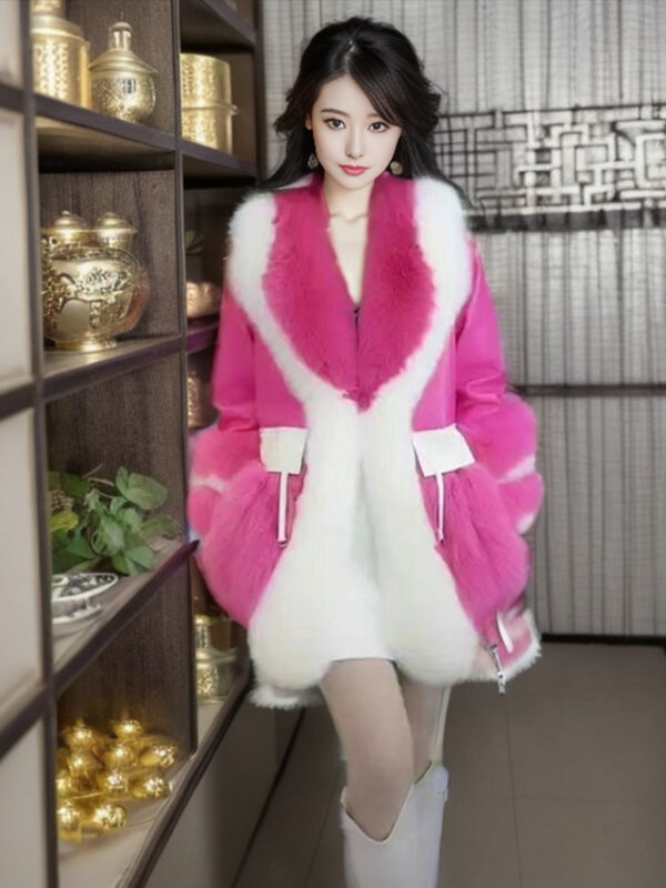 여성용 컬러 블록 코디하기 쉬운 재킷, 귀여운 중간 길이 모조 여우 모피 칼라 모피 코트, 2023 겨울 패션