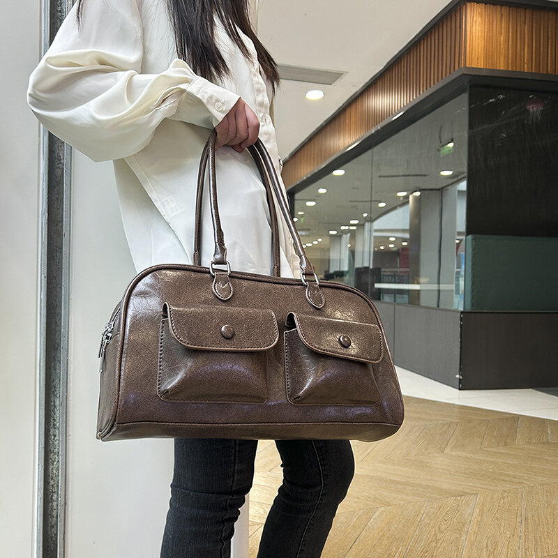 Tas Travel Fashion untuk wanita tas olahraga kapasitas besar tas tangan kasual sederhana tas bahu kulit Pu kualitas tinggi perak