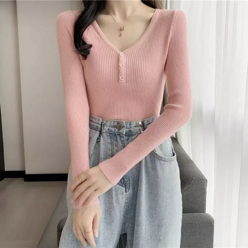 Casual loose high stretch knitted bottoming shirts for women's shirt 2024 new Skinny V-neck solid button chic Korean soft tops