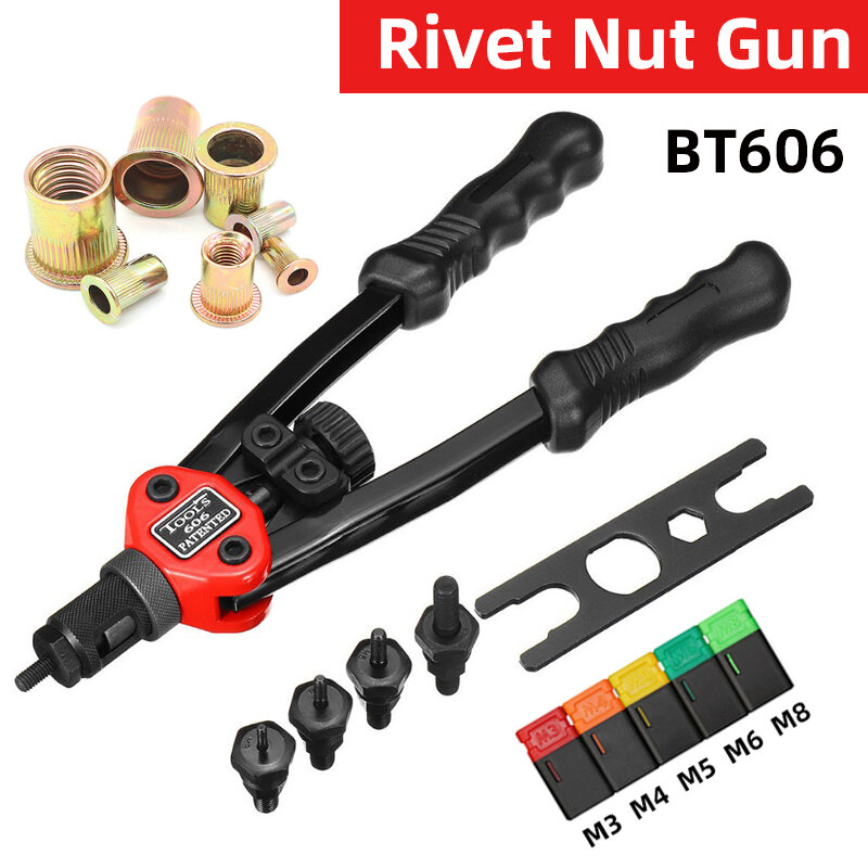 Ferramenta Riveter Gun BT-606, Mão roscada Rivet Nut Gun, Flat Head Thread Rivet Nuts, M3, M4, M5, M6, M8, Double Handle Rivet Tools, 200pcs