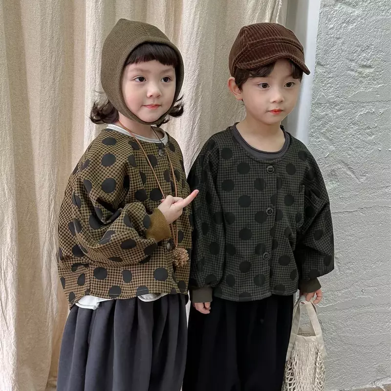 Jaket kasual lengan panjang untuk bayi, mantel baju atasan anak-anak modis musim semi 2023, jaket kasual motif bintik anak laki-laki dan perempuan