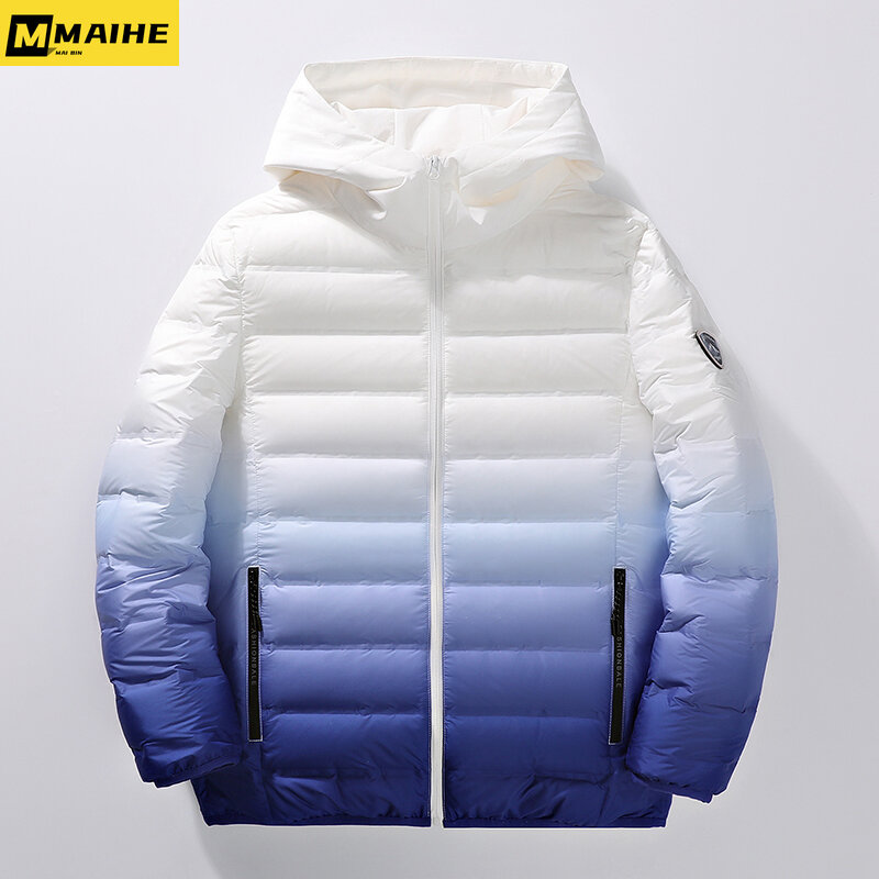 Wysokiej klasy zimowe ocieplane kurtki mężczyźni mogą pakować lekkie żeberka gradientowe białe płaszcz z kaczego puchu koreańska moda męska i damska kurtka z kapturem