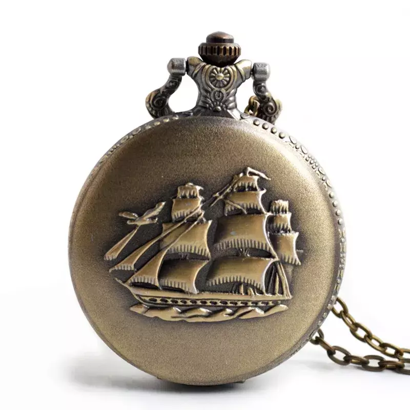 Mini reloj de bolsillo de cuarzo pequeño de bronce, barco de lona de vela, collar, reloj colgante, relojes de cadena, mujeres, hombres, regalo de novia