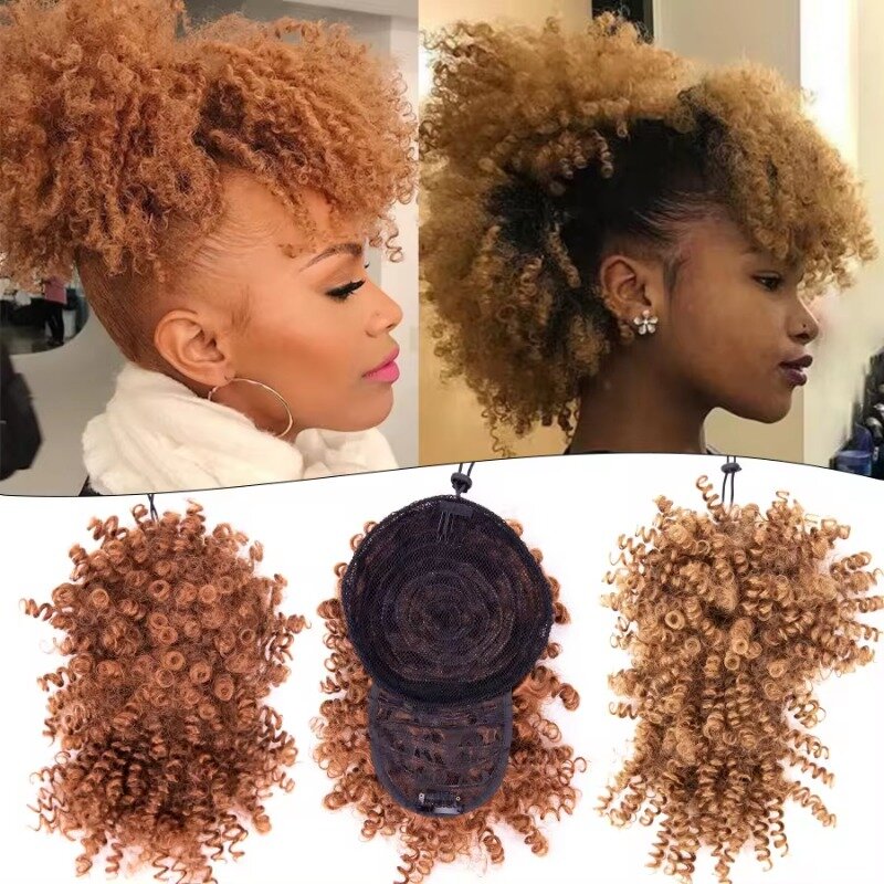 Rawstring Afro High Puff with Bangs Extensions Synthetic Hair D Short Kinky Curly Hair Bun Clip in For Women