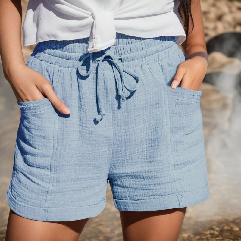 Pantalones cortos de algodón y lino para mujer, Shorts informales de cintura alta, holgados, de pierna recta, con bolsillo y cordón, a la moda