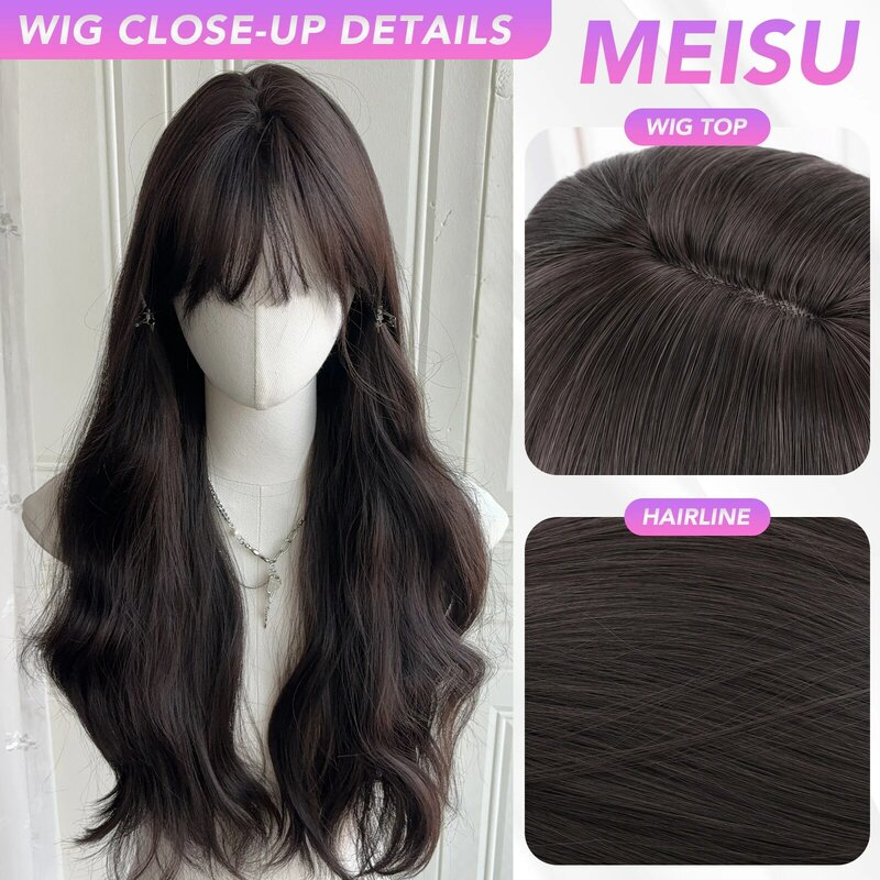 MEISU-perucas encaracoladas marrom com ar para mulheres, perucas de fibra sintética, resistente ao calor, festa natural ou selfie, 24 in