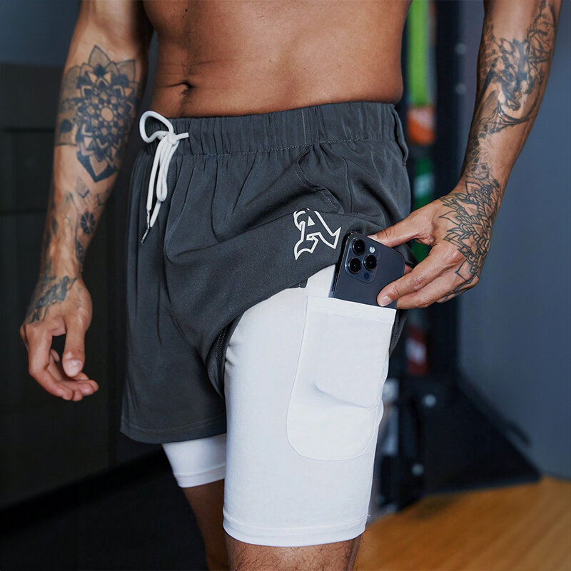 Pantalones cortos deportivos de secado rápido para hombre, 2 en 1, doble capa, informales, transpirables, entrenamiento Fitness, Verano