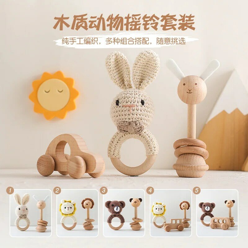 Mainan Montessori kayu untuk bayi, mainan kerincingan ponsel nyaman Beech kayu hewan kenyamanan dekorasi kamar anak