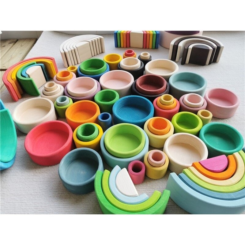 Kids Wooden Toys Rainbow Nesting Bowls BasSwood 6 Layer Arch Stacker Blocks Trees
