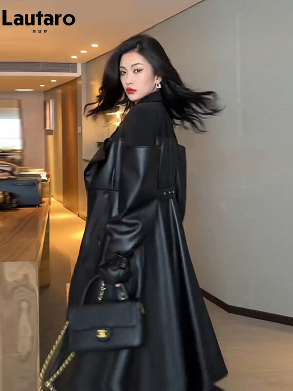 Lautaro-Manteau long patchwork noir en cuir PU pour femme, double boutonnage, vêtements de créateurs de luxe, automne, 2023