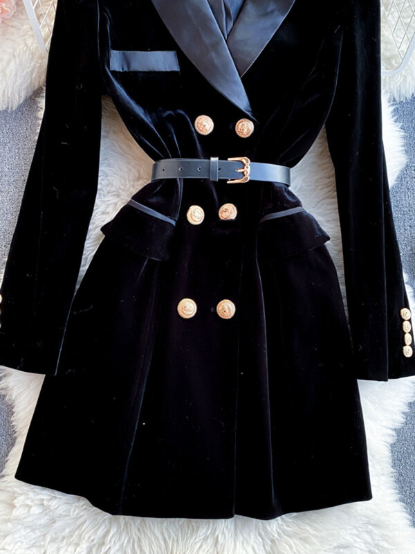 Blazer de veludo de manga comprida de peito duplo feminino, terno preto feminino, jaqueta fina com cinto, casaco outwear inverno