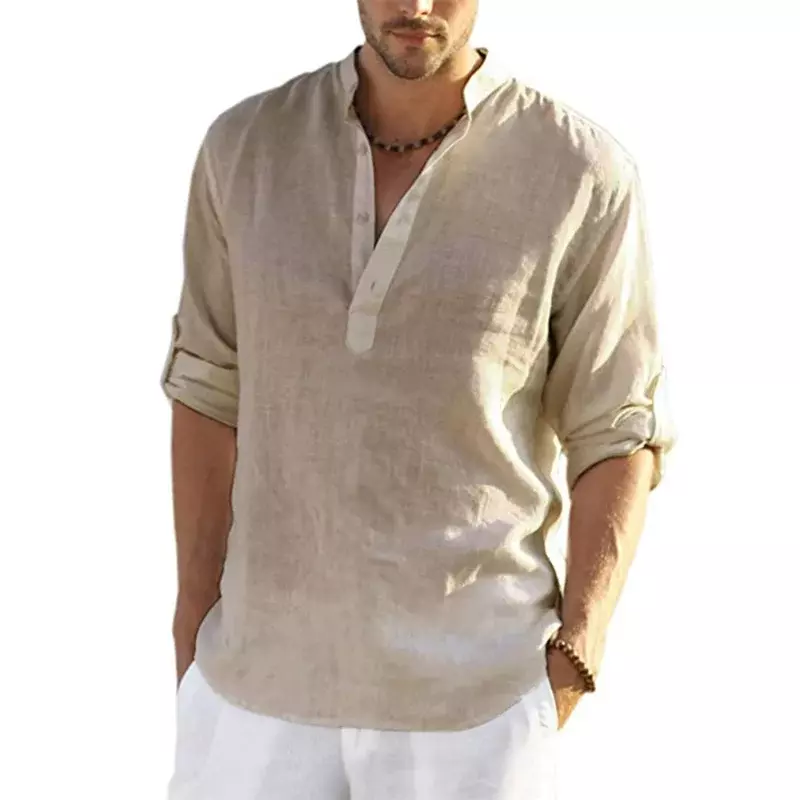 Рубашка Мужская льняная с длинными рукавами, Повседневная Базовая сорочка из хлопка и льна, Однотонная футболка