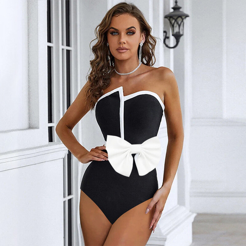 2024 Vintage Swimsuit  Black Off Shoulder Bow Tie One Piece and Skirt Swimwear Set Women  Vacation Beachwear Luxury Bathing Suit