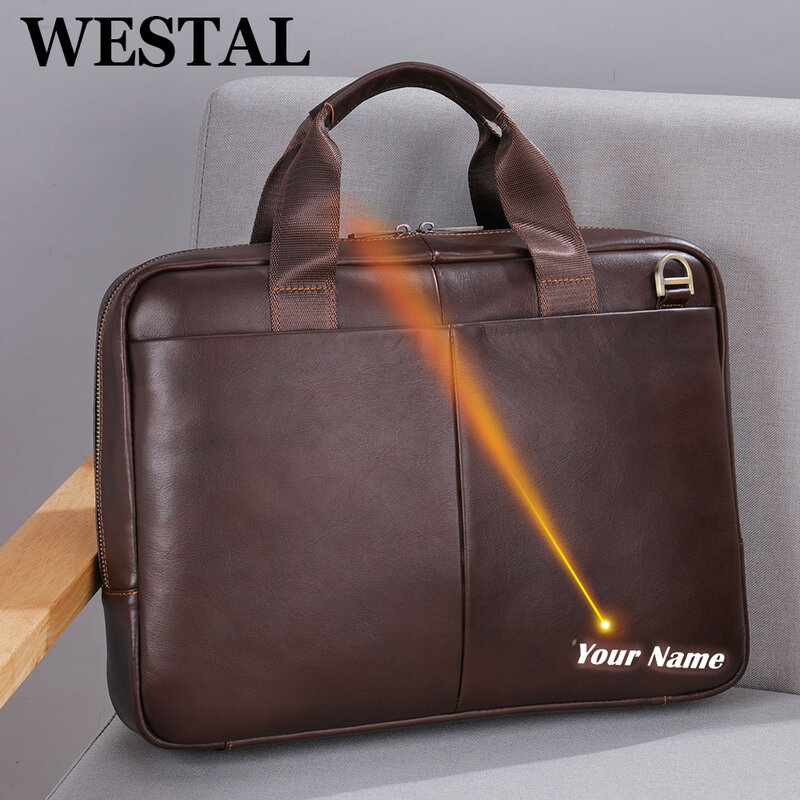 Westal-Maleta de couro para homens, bolsa para laptop masculina, carteira de documentos, sacos para computador A4, 8523