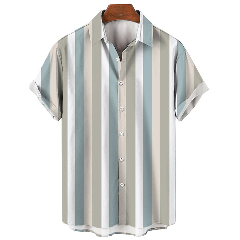 Chemises hawaïennes rayées pour hommes, mode imprimée en 3D, bouton, manches courtes, revers, streetwear, chemises d'été