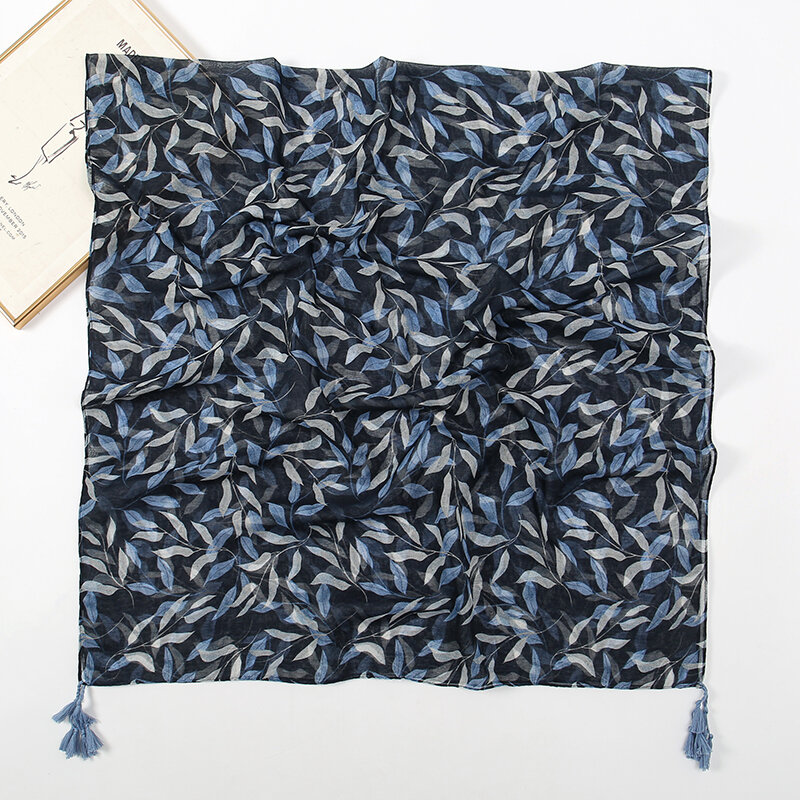New fresh navy blue splicing travel sunblock beach towel small floral sweet and elegant cotton linen feel air conditioning cape