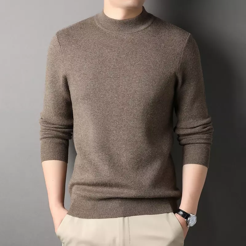男性用単色カシミヤセーター、100% ピュアウール、ゆったりとしたシャツ、カジュアルハーフハイカラー、冬、新しい