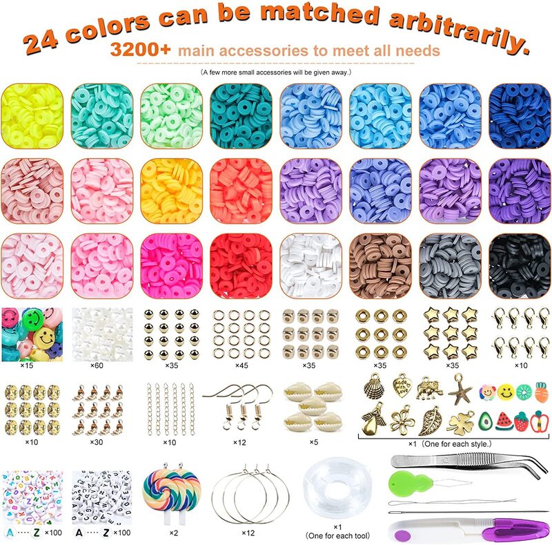 Clay Beads for Bracelet Making 24 Colors Flat Round Polymer Clay Beads 6mm Spacer with Charms Elastic Strings Clay Jewelry Diy