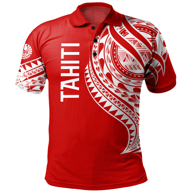 남성용 하와이안 타히티 패턴 폴로 셔츠, 3D 프린트 폴리네시안 단추 폴로 셔츠, 캐주얼 루즈 스트리트 티, 여름 상의, 패션
