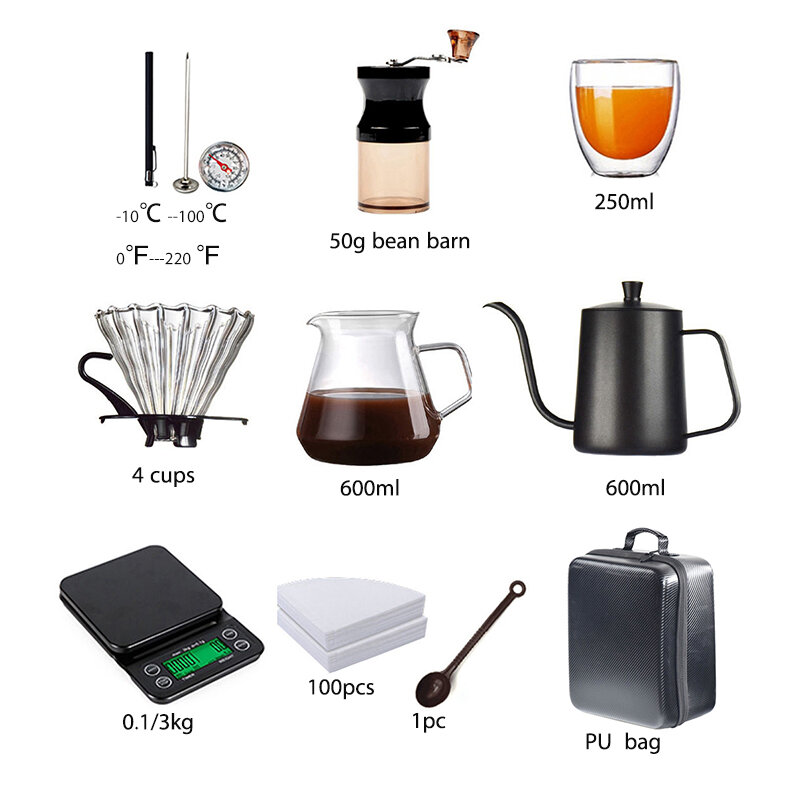10 partes/conjunto de viagem café acessórios conjunto incluindo PU sacos manuais moagem copos filtro e outros cafeteira ao ar livre