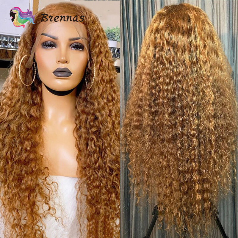 Peluca de cabello humano rizado para mujeres negras, postizo de encaje Frontal profundo, color rubio miel, marrón, 13x4, densidad del 180