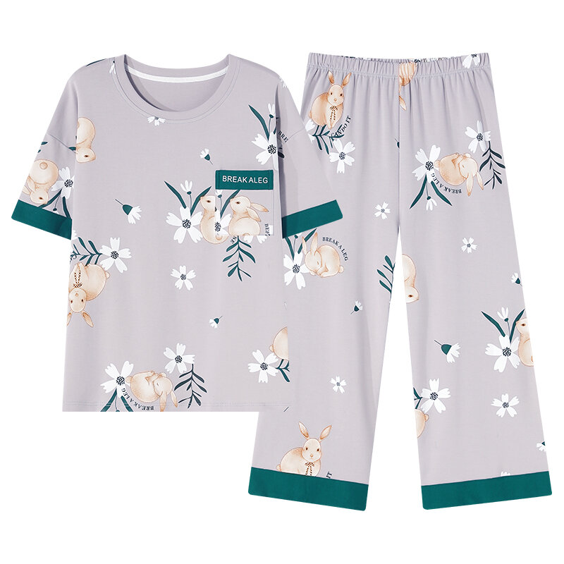 High Quality Summer Pajamas Set Ladies 100% Cotton Sleepwear Female Short Top+Calf-Length Pant Floral Pyjamas