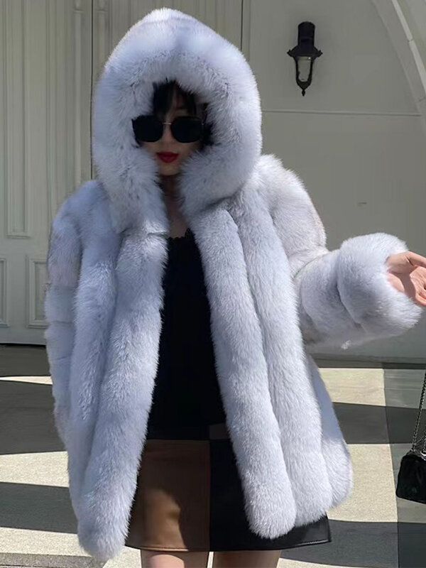 Inverno donna vera pelliccia di volpe argento lungo giacca di pelliccia genuina di lusso in pelliccia naturale Streetwear con cappuccio peluche