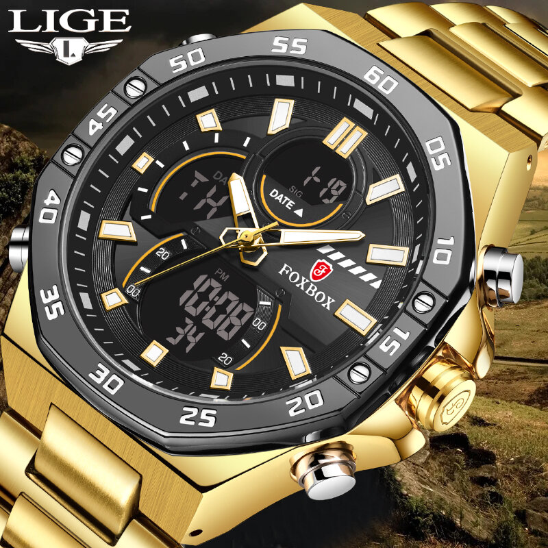 LIGE-Relógio de quartzo de exibição dupla masculina, impermeável, negócio, marca superior, luxo, esporte, cronógrafo, moda