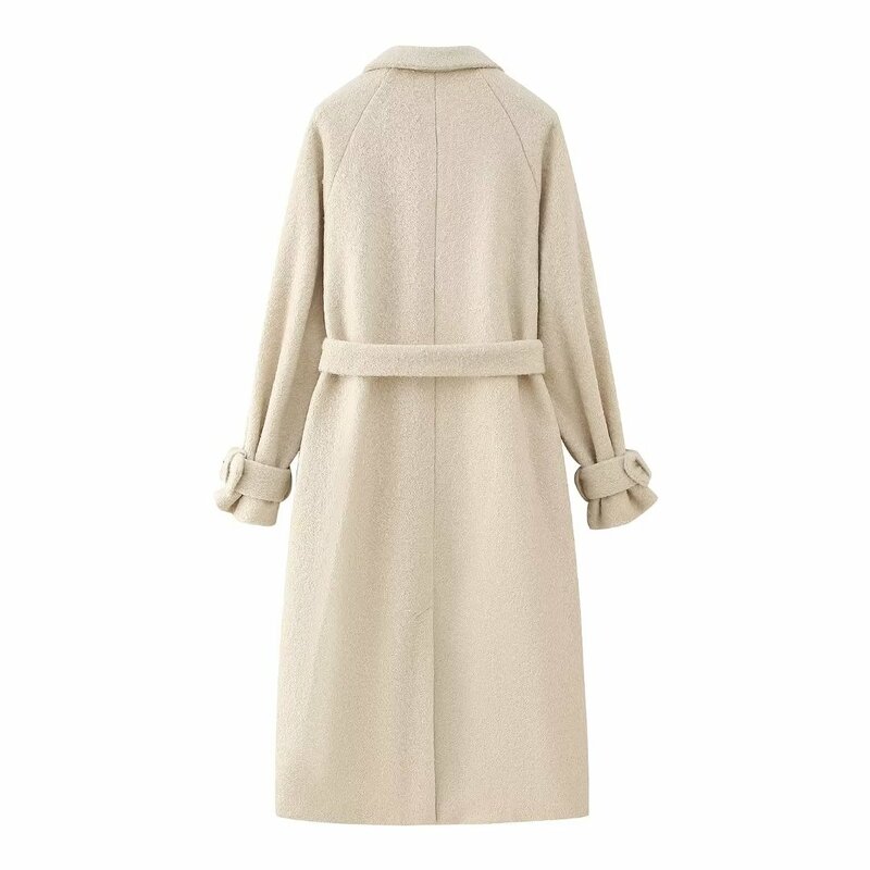 Women New Fashion Belt decoration Long style Double Breasted Casual woolen Coat Vintage Long Sleeve Female Outerwear Chic Tops