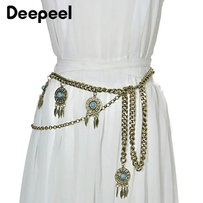 Deepeel-Cadena de Metal estilo étnico para mujer, joyería Retro, faja hecha a mano, decoración, vestido, cadena de cintura, accesorios