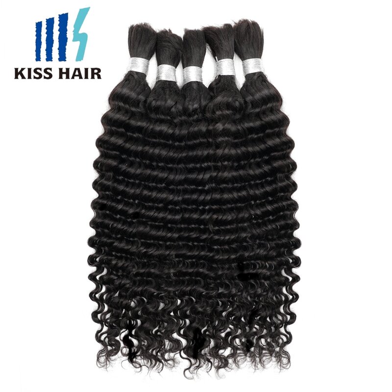 Kissshair-remy indian人間の髪の毛、編み込み用のバルクヘア、ディープカーウェーブブレード、横糸なし、波状エクステンション、24インチ、1ピースあたり100g