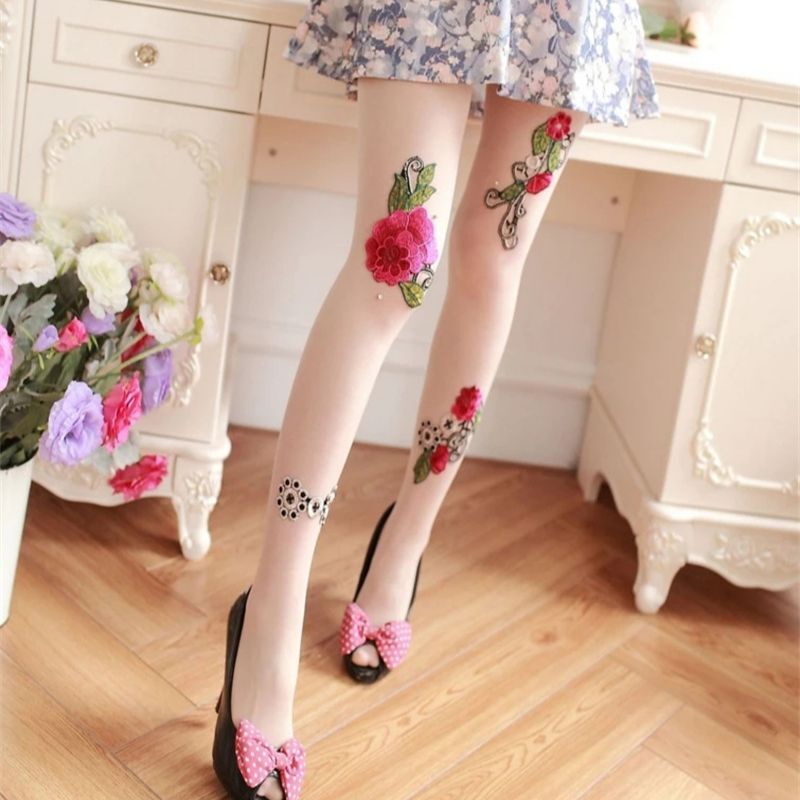 Women Sexy Pantyhose Tights Rhinestones Opaque Embroidery Flowers Party Dress Style Lace Panty Transparent Silk Stockings Female