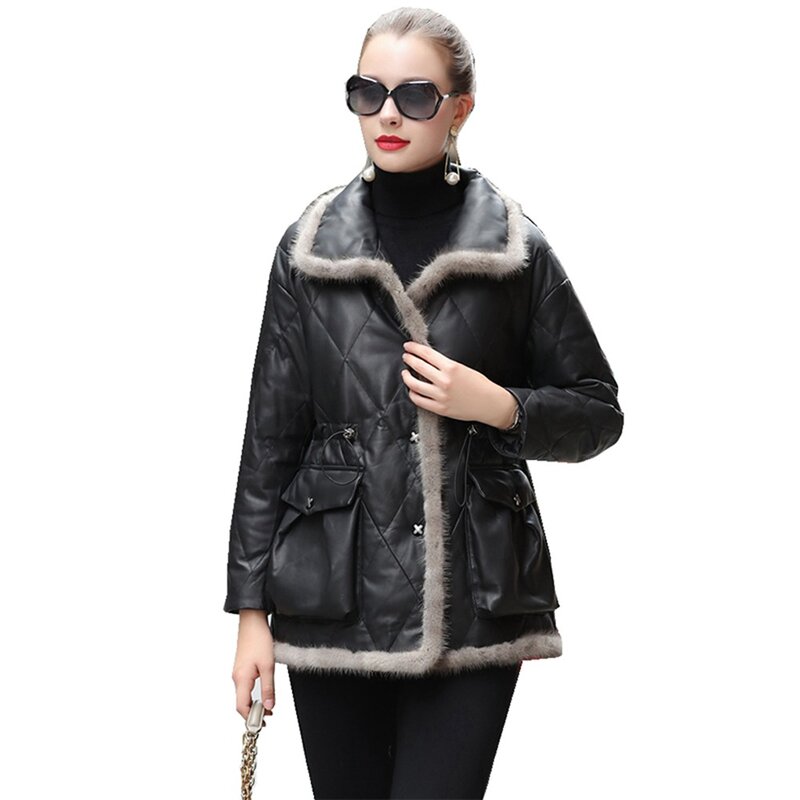 Abrigo de ante de piel de oveja europea para mujer, abrigo ajustado de piel de visón, LF2327BM