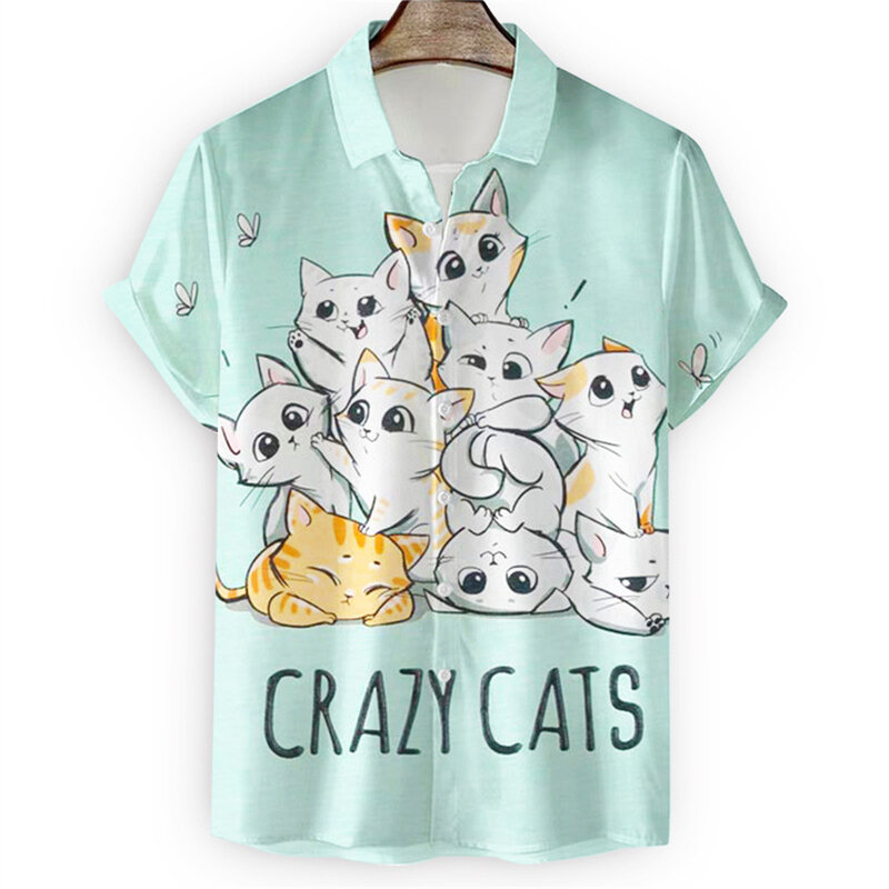 メンズ半袖原宿シャツ,3Dプリント,かわいい猫,カジュアル,ヴィンテージ,原宿