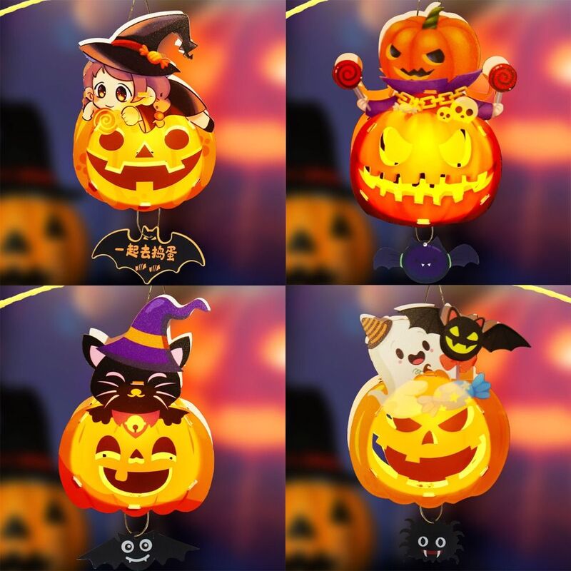 Halloween Pumpkin Lanterna com Luz LED, Materiais DIY, Handmade Luminous, Happy Day, Handle