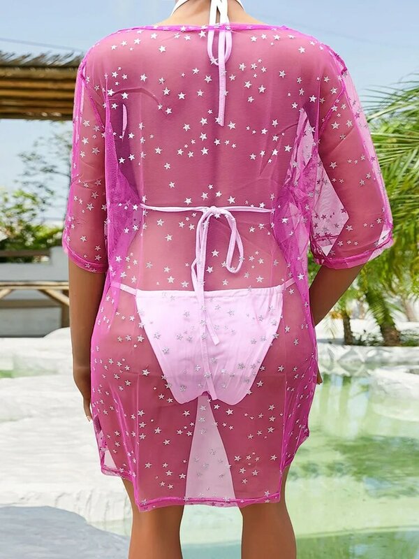 GIBSIE Plus Size Star Print Bikini Cover Up donna 2024 estate Sexy See Through o-collo mezza manica tunica costume da bagno femminile