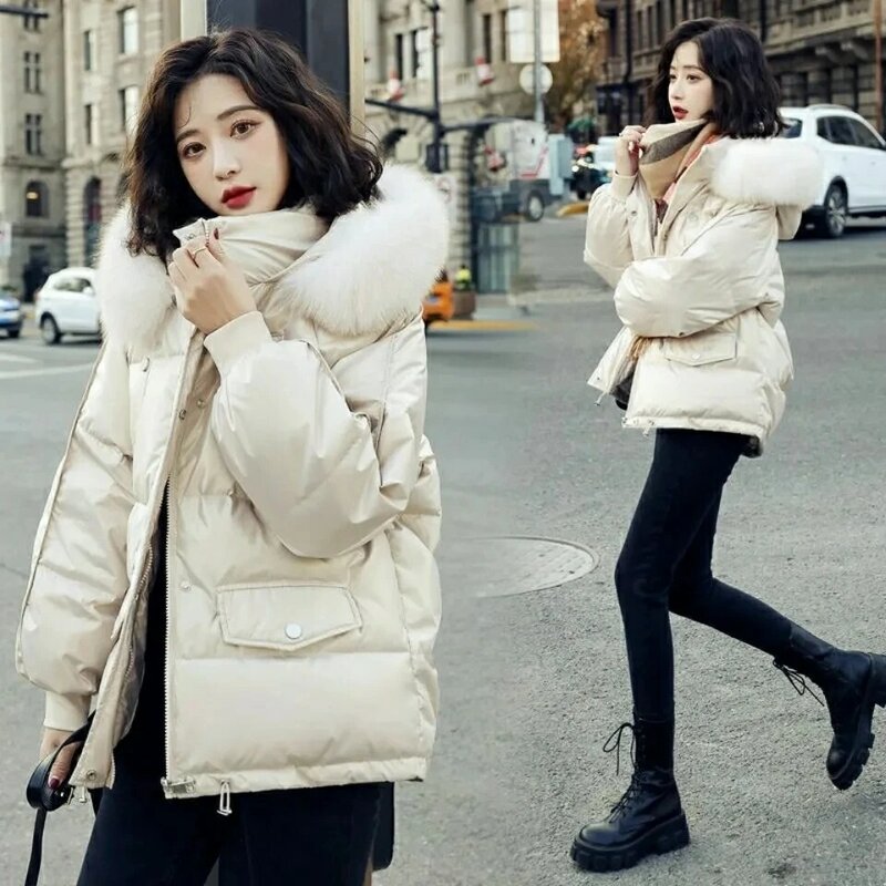 White Duck Down Coat Women 2023 Autumn Winter New Fashion Glossy Loose Down Jacket Female Large Size Hooded Short Thick Parkas
