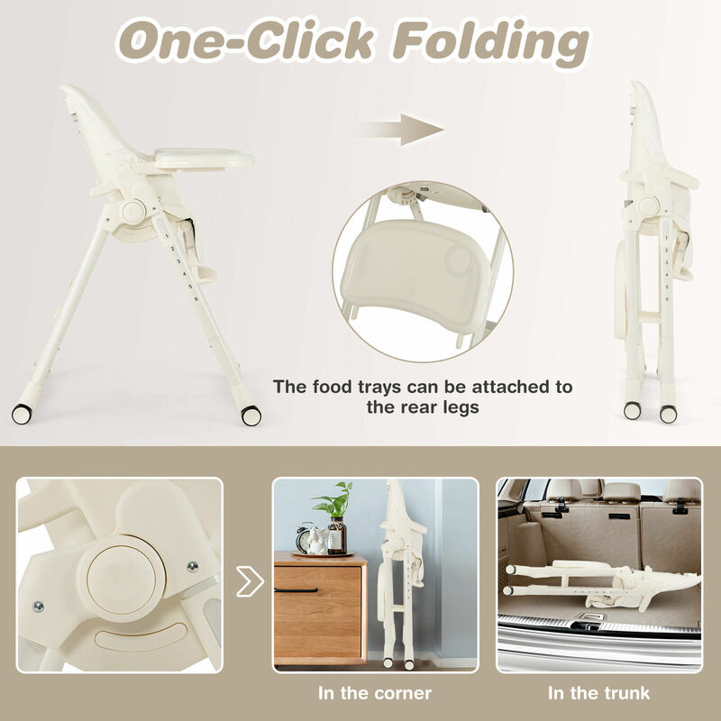 Babyjoy 4-in-1 Foldable Baby High Chair Height Adjustable Feeding Chair w/ Wheels Beige