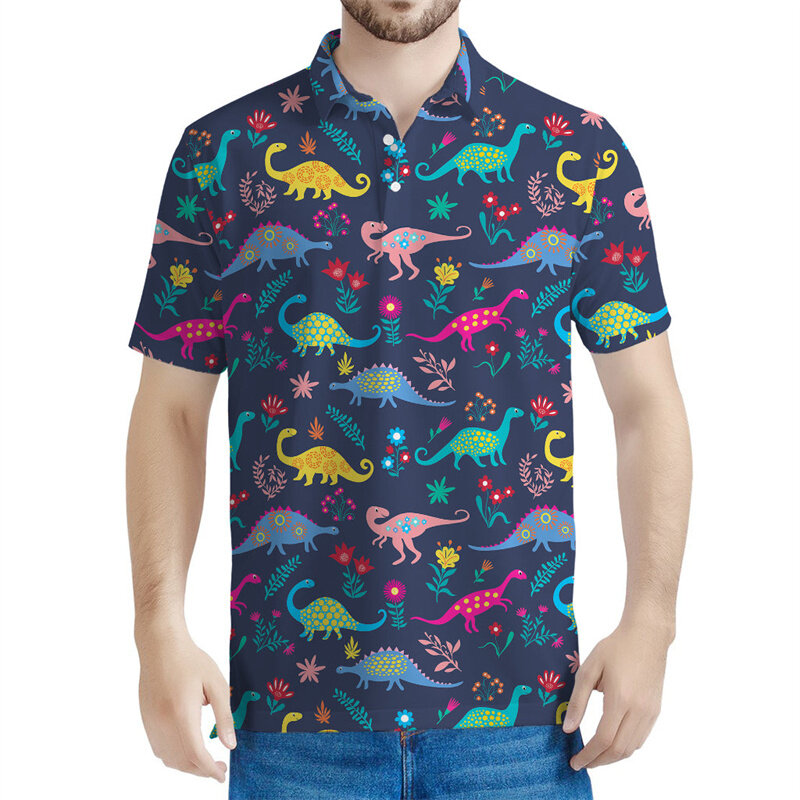 Kaus Polo pria motif kartun Tyrannosaurus, atasan kaus dinosaurus motif 3d musim panas anak-anak lengan pendek