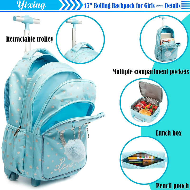 子供用ウィンドホイール付きバックパックバッグセット、ランチボックス付きスクールローリングバックパック、ホイール付き、女の子用トロリーバッグ