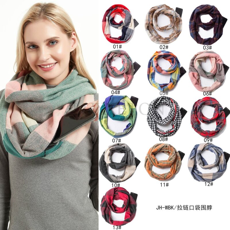 Женский кашемировый шарф в шахматную клетку, зимний теплый шарф со скрытым карманом на молнии, женский теплый шарф-кольцо для путешествий