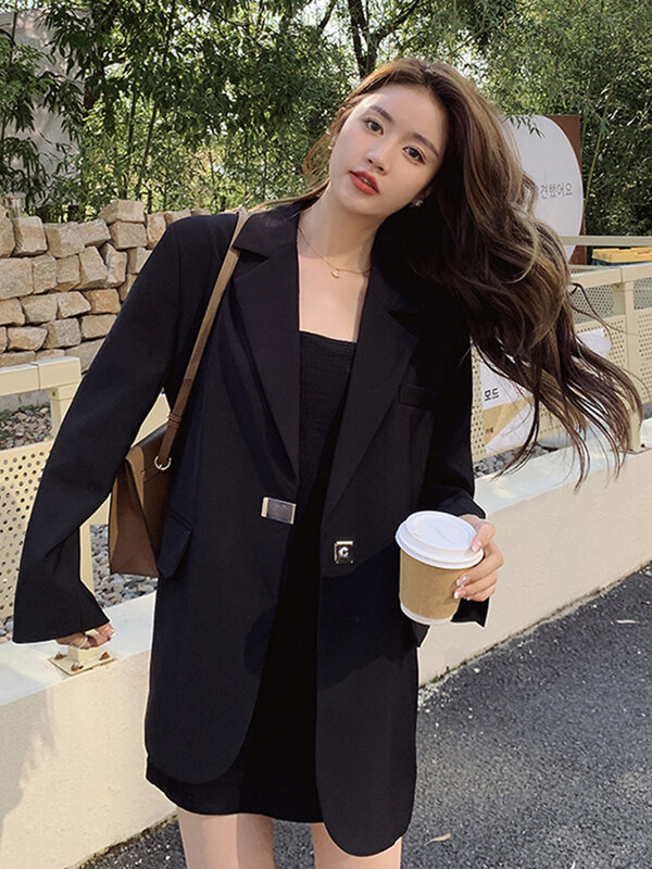 LANMREM Korean Style Blazer For Women Notched Long Sleeves Solid Color Single Button Coats Fashion 2024 New Clothing 2Z1199