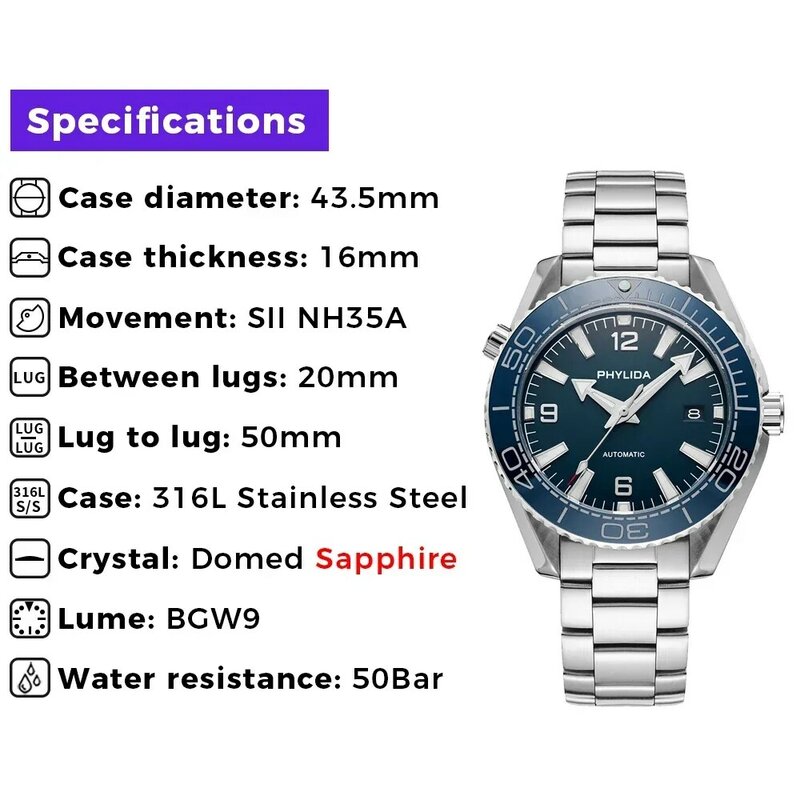 PHYLIDA 500m męski automatyczny zegarek dla nurka 43.5mm niebieska tarcza szafirowy kryształ z ruchem NH35A