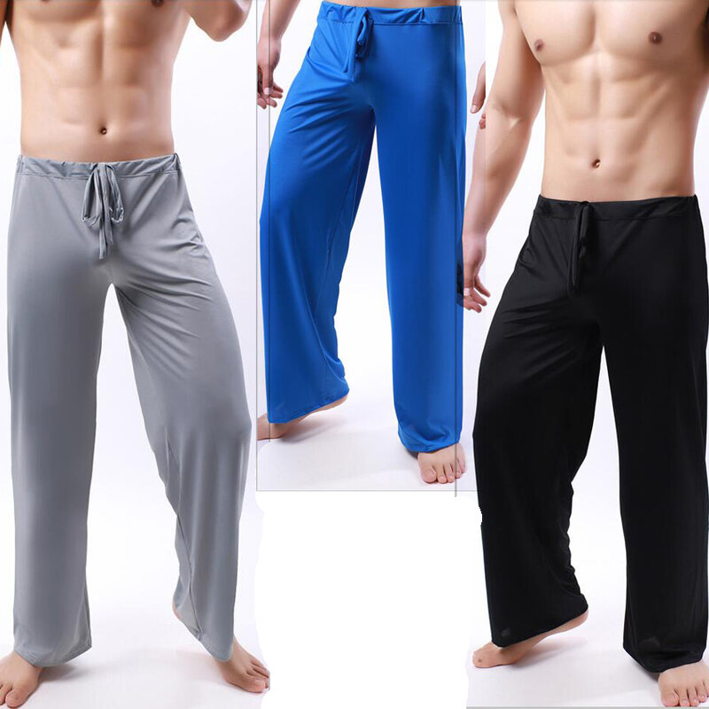 Celana piyama pria, piyama kasual pria seksi warna Solid, tali sutra es pinggang elastis longgar, celana Yoga Lounge