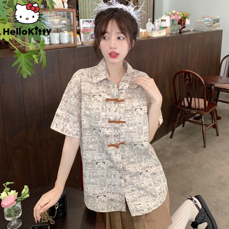 Sanrio Clothes Chinoiserie Design Hello Kitty Print Summer Shirts Female Short Sleeve Tops Women Casual Thin Blouse Trendy Shirt