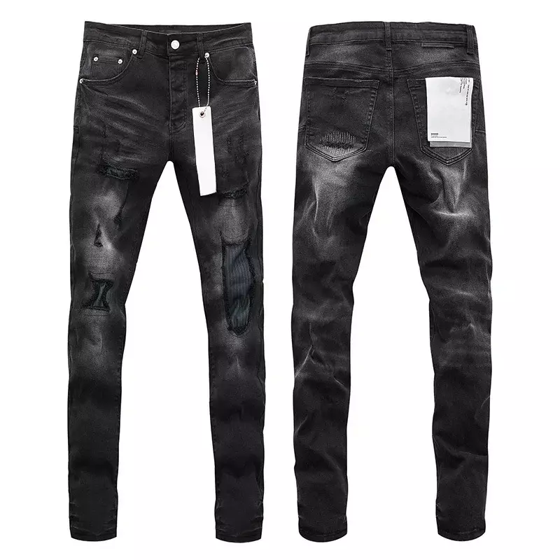 ROCA ungu kualitas terbaik jeans merek American Top tambalan jalan lubang ramping lurus bergaya dan celana ramping