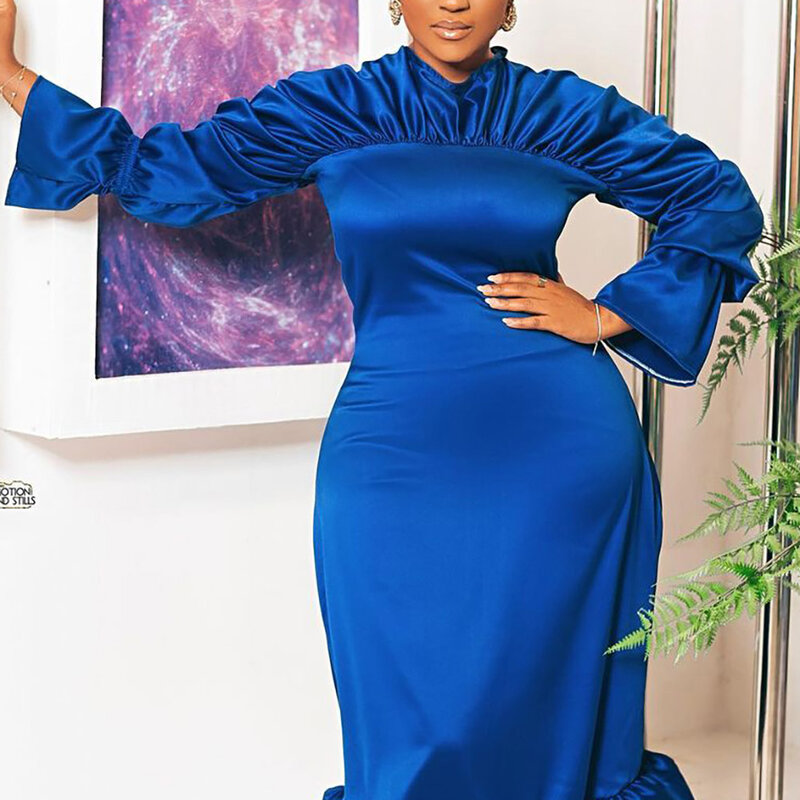 فستان متوسط الطول أزرق مليكي مكشكش بأكمام طويلة ، فستان رسمي ، مقاس كبير