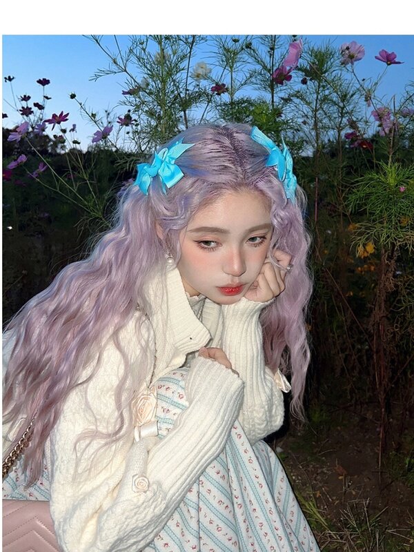 Perruque Lolita violette grise, perruque Cos, petites boucles, vague moyenne et grande, rose, lecture de cheveux longs bouclés, frange Word